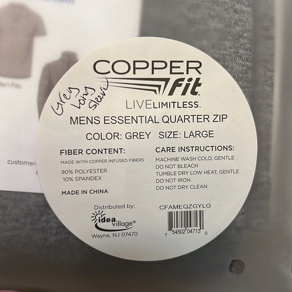 Copper Fit Men’s Essential Quarter Zip Long Sleeve Shirt in Grey, Size Large - Picture 4 of 5